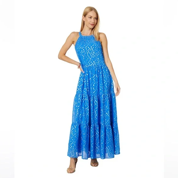 chinese dress ladies Lilly Pulitzer Hadly Smocked Cotton Maxi Amalfi Blue Leaf It Wild MD at  Amazon Women's Clothing store main image 1